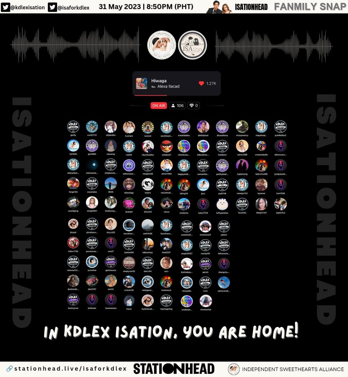 kdlexisation's tweet photo. 📸May 31, 2023 Fanmily Snap
Say hello to our 106 listeners! Thank you for joining #ISAtion on a rainy Wednesday. All your efforts and time are greatly appreciated! Let's reach more goals together for #KDLex.
Join us:
https://t.co/tXQMTYIhPY https://t.co/vlSipa7Ldg