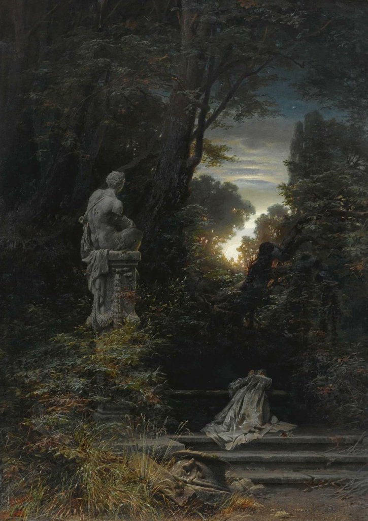 A Woman at a Fountain With Rising Moon (1866) by Ferdinand Knab (German artist, lived 1834-1902). Romantic ruins. #gothicspring