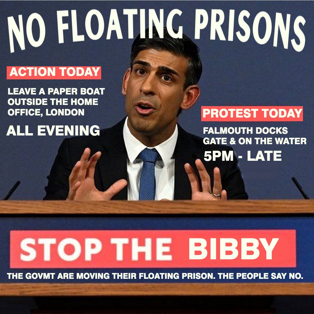 Reclaim_The_Sea's tweet photo. URGENT: The government plan to move the floating prison Bibby Stockholm tonight from Falmouth to Portland.

@ukhomeoffice - your priorities might be stopping the boats, but ours is stopping the Bibby.

#NoFloatingPrisons #BibbyStockholm #RefugeesWelcome #StopDetention https://t.co/UjSMbDRWFt