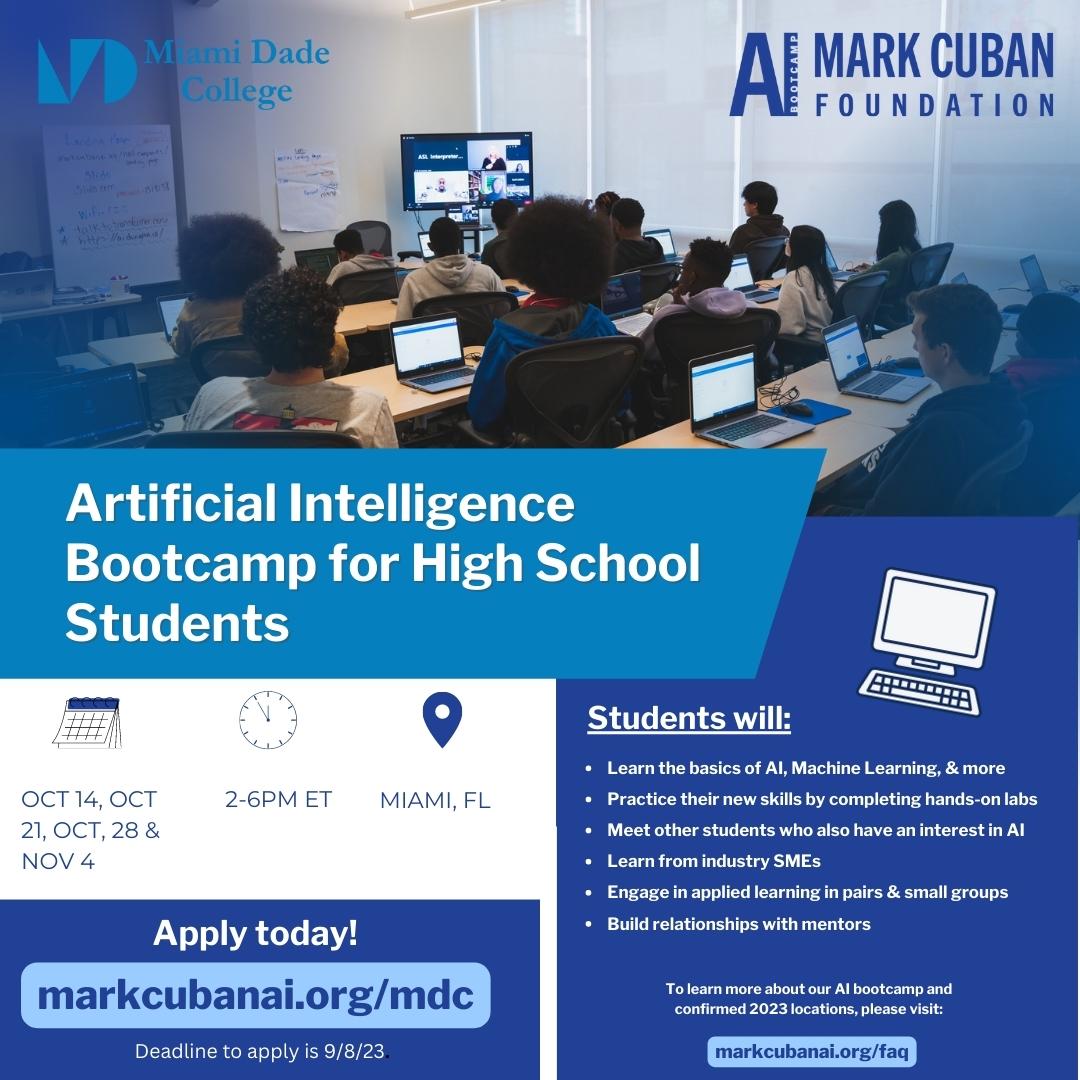 MDCollege's tweet photo. High school students: get ready to level up your AI skills this fall with the @markcubanai at @MDCollege!
Learn more at https://t.co/1ryodw8I0T 💻 #MCFAIBootcamps #MDCTech https://t.co/MoFPvSC6Ap