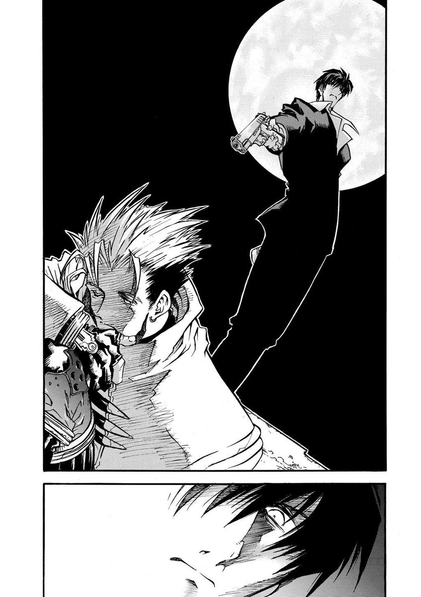 like in one of my faves, ch 35 aka wolfwood does not shoot chapter, the full journey of wolfwood's thoughts, his fears and what spurs him to pull a gun on vash and then his realization at the end of it, idk its good to me, i love comics and nightow's writing 
