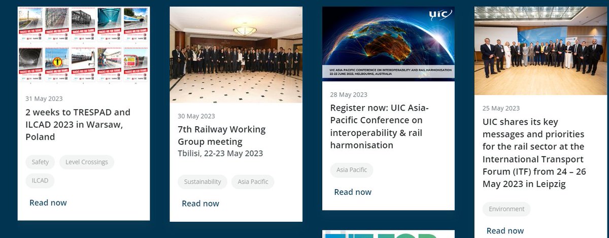 Please find the latest eNews articles on the 7th Railway Working Group, TRESPAD and <a href="/ilcad/">UIC - ILCAD</a> 2023, the UIC Asia-Pacific Conference on interoperability &amp; rail harmonisation. uic.org/com/enews/
