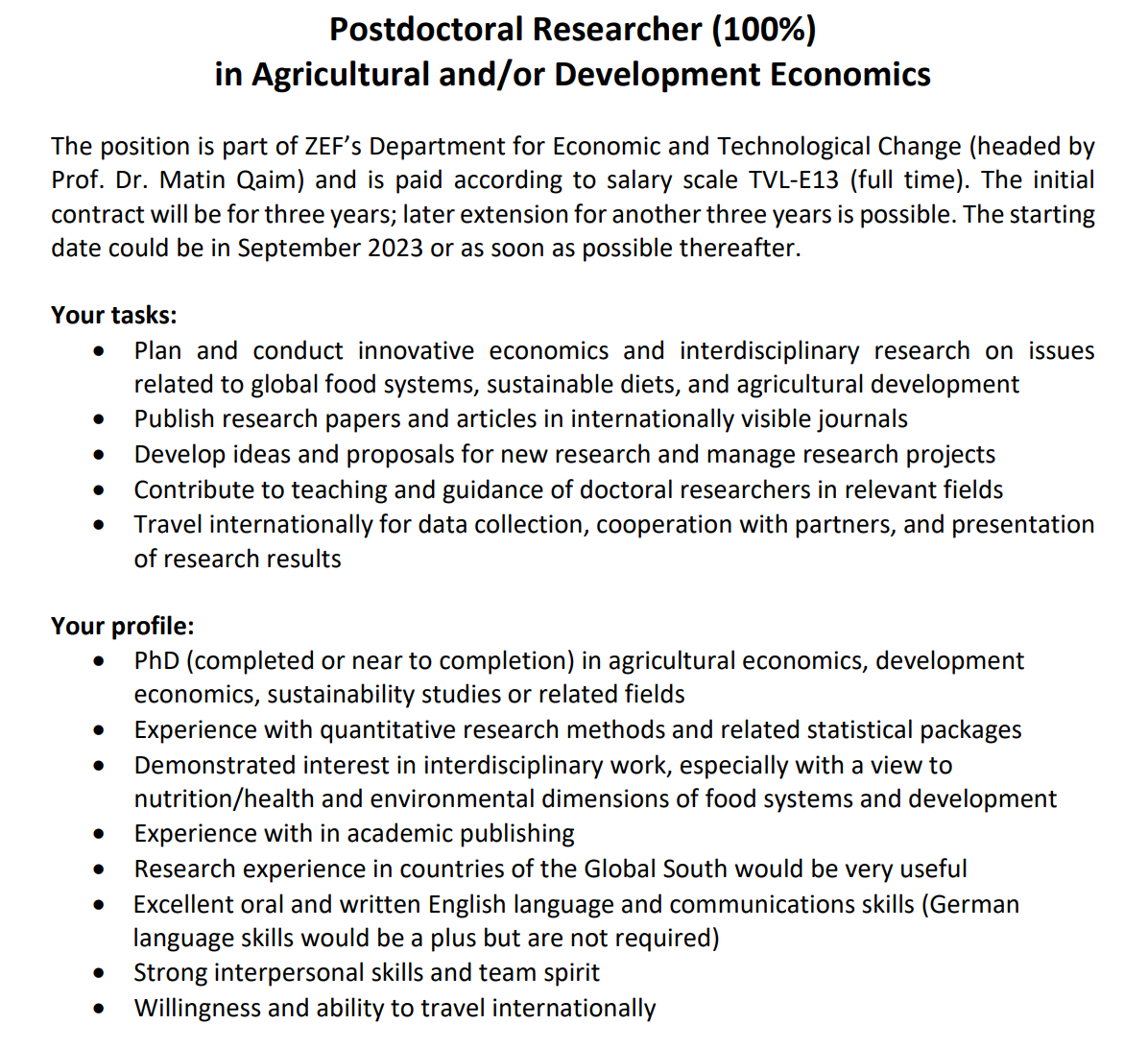 #Vacancy: Postdoctoral Researcher in #Agricultural and/or #Development #Economics @ZEFbonn @MatinQaim  bit.ly/3qpEQkA (apply before June 30, 2023) #postdoc #EconTwitter #AgEcon #DevEcon