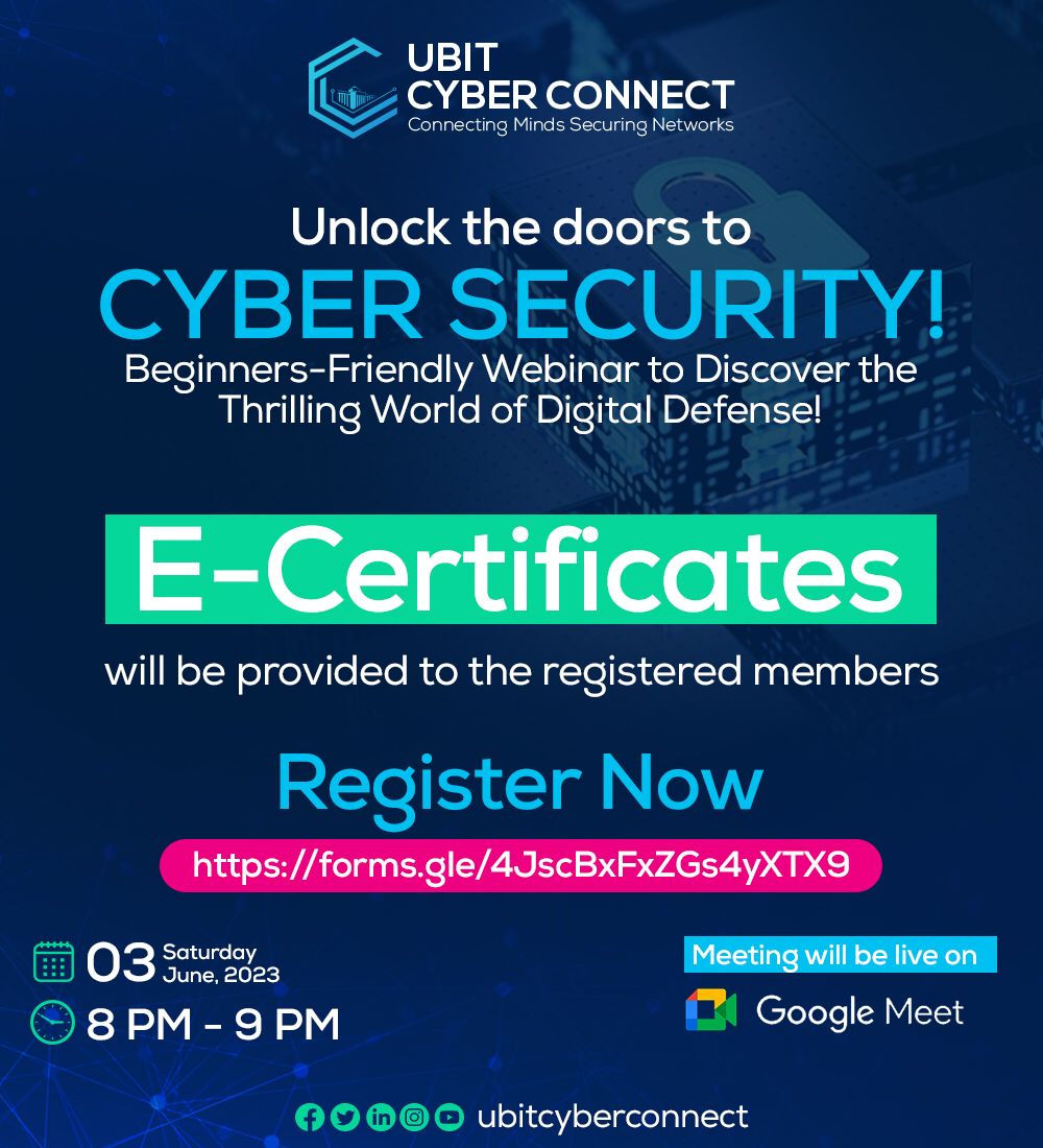 cyberconnectpk's tweet photo. Unlock the doors to Cybersecurity!!                Beginner-friendly webinar to discover the thrilling world of Digital Defense.🌐
Register Now ☢️  https://t.co/PWctGNfs1r
#UBITCyberConnect https://t.co/59r4TqIzj5