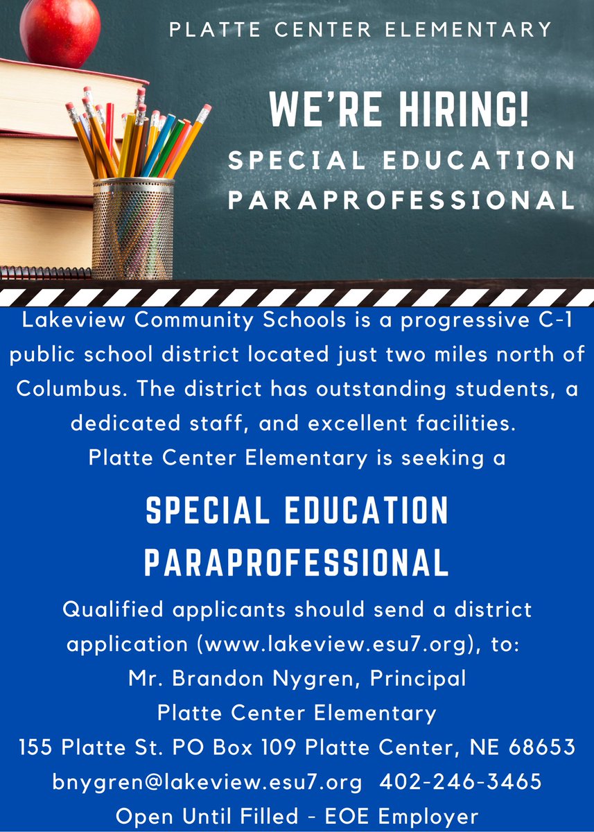 PCElemSchool's tweet photo. We're hiring! Come join our team for the 2023-2024 school year! Due to retirement, we have a paraprofessional position open! To apply, fill out a district application: https://t.co/unqoiyiMdY #lakeviewvikes https://t.co/ubyfCPAf3R