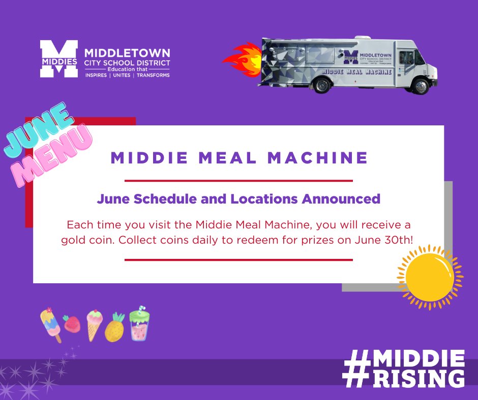 The #MiddieMealMachine is back for the summer! ☀️😎🍽️ Follow this link to see the June 2023 schedule & menu ➡️ bit.ly/43BGgqv #MiddieRising