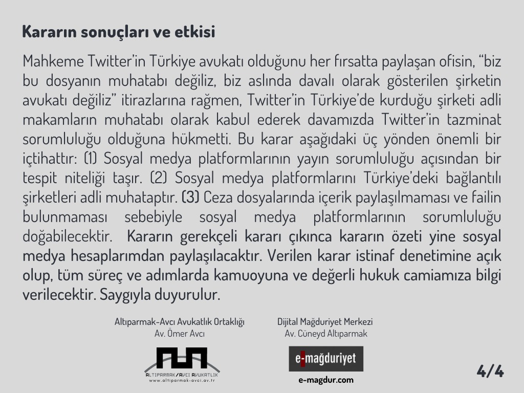 Dijital Mağduriyetlerin giderilmesi için yürüttüğümüz çalışmalara bir yenisi eklendi. Altıparmak-Avcı Avukatlık Ortaklığının yürüttüğü davada Mahkeme #Twitter 'ın yayın sorumluluğu nedeniyle tazminat ödemesine karar verdi. 
🔗 e-magdur.com/twittera-acila…

<a href="/cuneyd6parmak/">Cüneyd Altıparmak</a> <a href="/av_omeravci/">Av.Arb.Ömer Avcı</a>