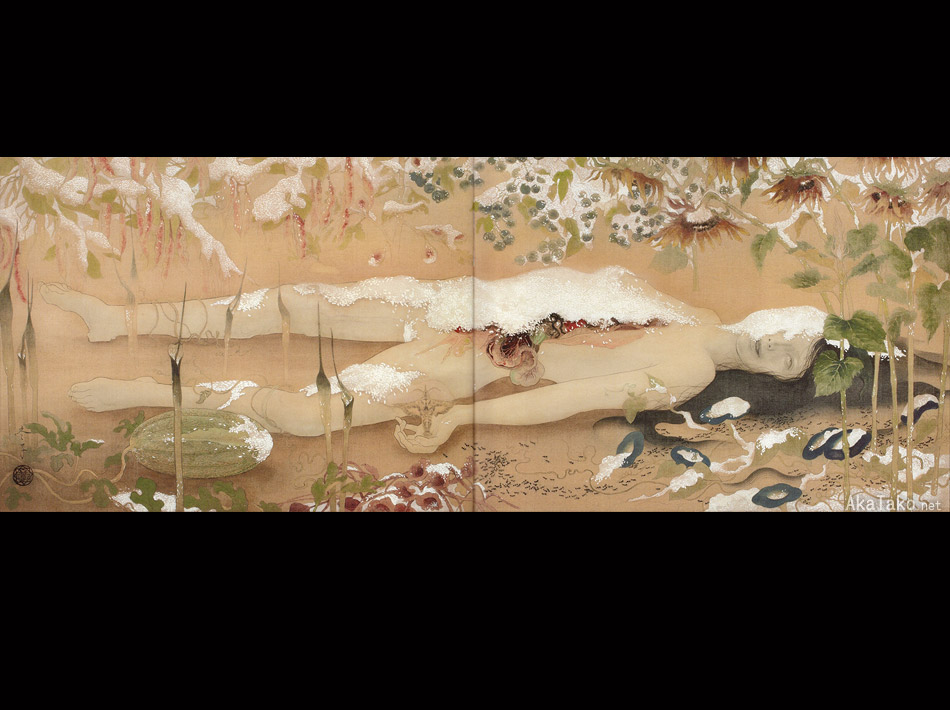 AkaTakonet's tweet photo. THE PARASITE WILL NOT ABANDON THE BODY by Fuyuko Matsui. Mineral pigment color on silk, hanging scroll. Printed in "A Lock of Hair" art book at akatako.
https://t.co/JGfH34iVBv
#fuyukomatsui #alockofhair #art #japaneseart #artbook #nihonga #松井冬子 #髪の房 #應声は体を去らない https://t.co/tyrQtgsSmN