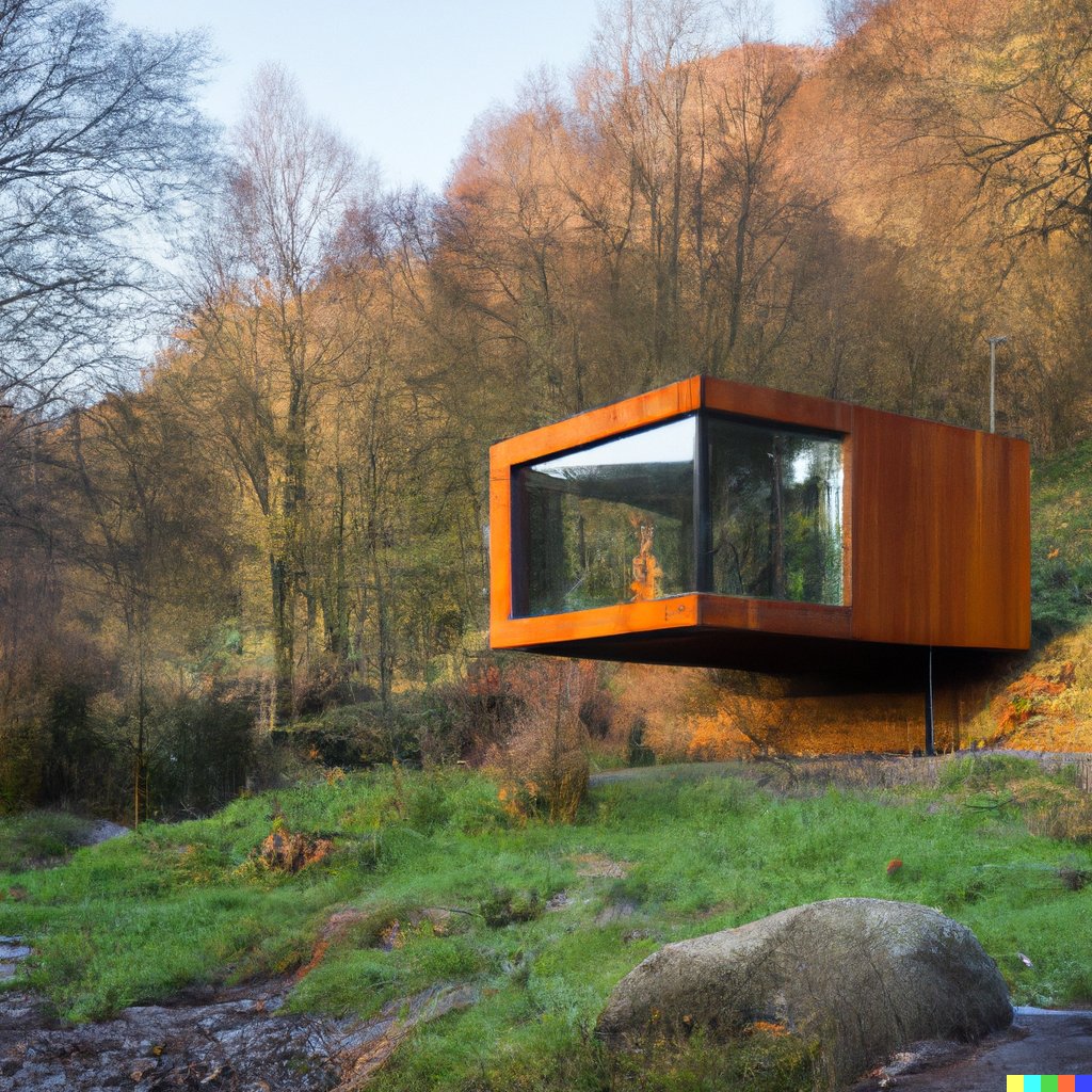 acme01's tweet photo. I've been designing Corten Steel tiny houses located in the Peak District with #AI using different prompts and Dall-E, I've got a long way to go!! https://t.co/qcavEuuGQN
