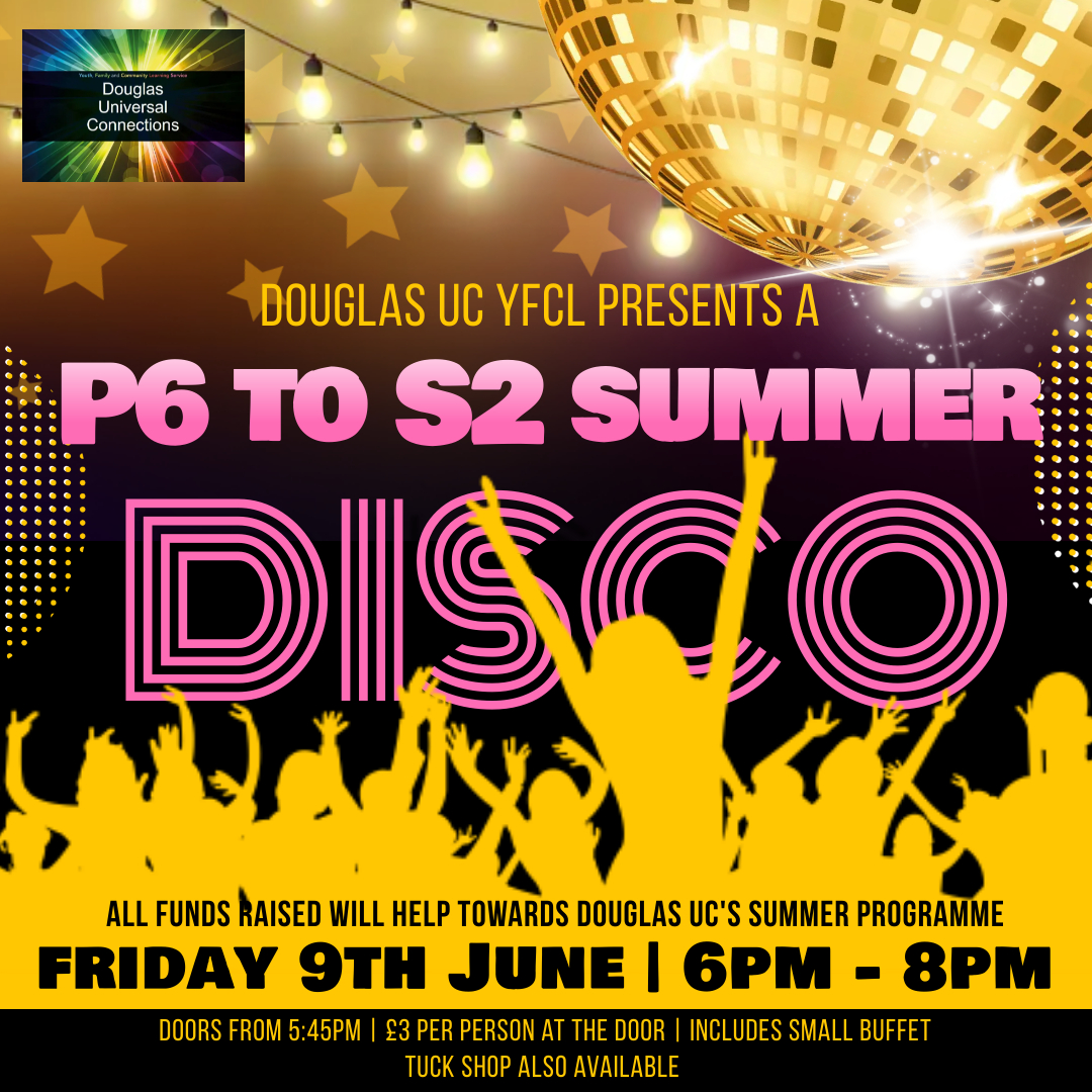 C'mon down and show us your dance moves at Douglas UC at our Summer Disco on Friday 9th June from 6pm.
£3 entry with all money raised going towards funding our summer programme. A tuck shop will also be available.
#itsSLC #becauseofCLD