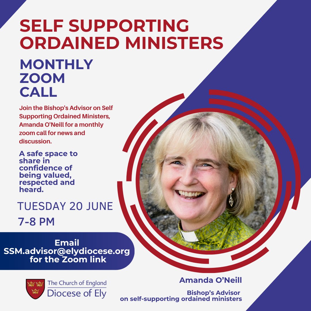 The Bishop's Advisor on SSOM, Amanda O'Neill, is hosting the monthly zoom call tomorrow - providing a place to meet with other self-supporting ordained ministers, to share news, good practice, and a place for rich and varied discussions. 📆 Tuesday 20 June at ⏰ 7pm.