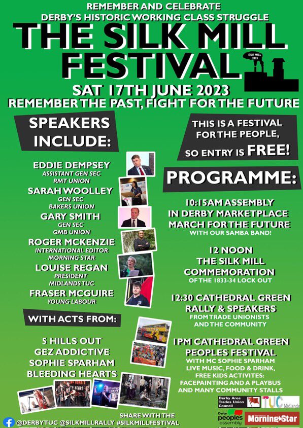 I’m looking forward to speaking at the Derby Silk Mill Festival on June 17th, a really important event to remember and celebrate Derby’s history of working class struggle.