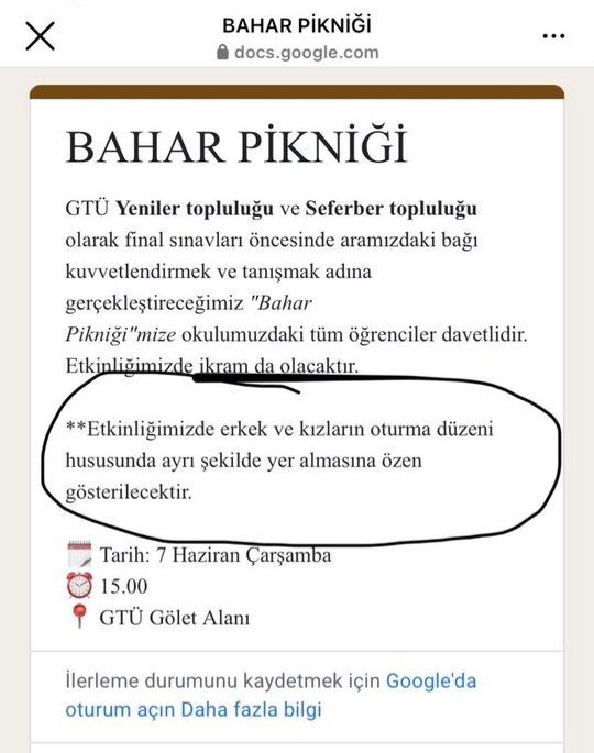 Gebze Teknik Üniversitesi’nde iki öğrenci topluluğu tarafından ‘harem selamlık’ bahar pikniği düzenlenecek.