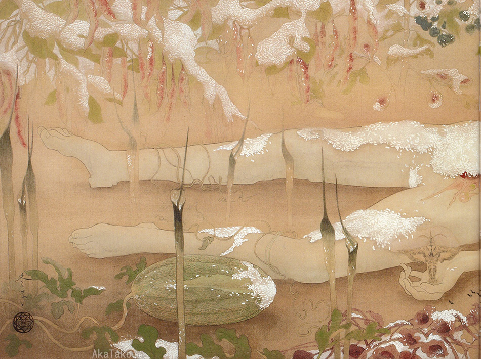AkaTakonet's tweet photo. THE PARASITE WILL NOT ABANDON THE BODY by Fuyuko Matsui. Mineral pigment color on silk, hanging scroll. Printed in "A Lock of Hair" art book at akatako.
https://t.co/JGfH34iVBv
#fuyukomatsui #alockofhair #art #japaneseart #artbook #nihonga #松井冬子 #髪の房 #應声は体を去らない https://t.co/tyrQtgsSmN