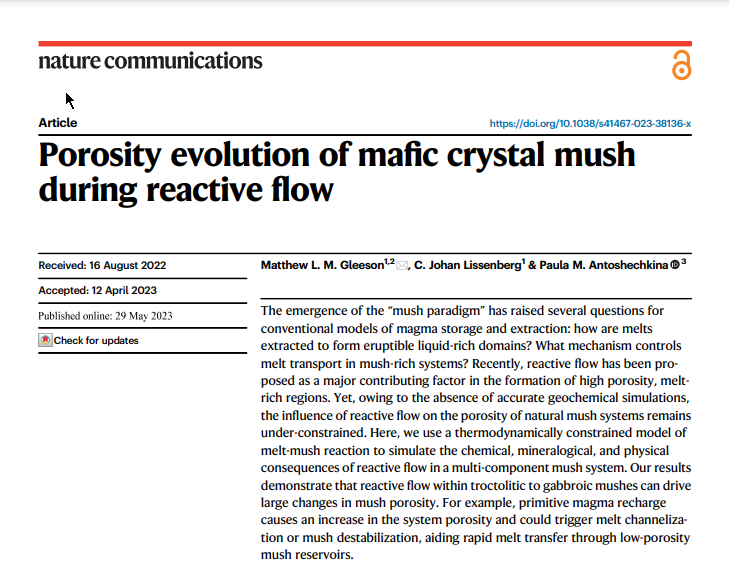 Gleeson et al., used a melt-mush reaction model to simulate the chemical, mineralogical and physical consequences of reactive flow in a multi-component mush system. nature.com/articles/s4146…