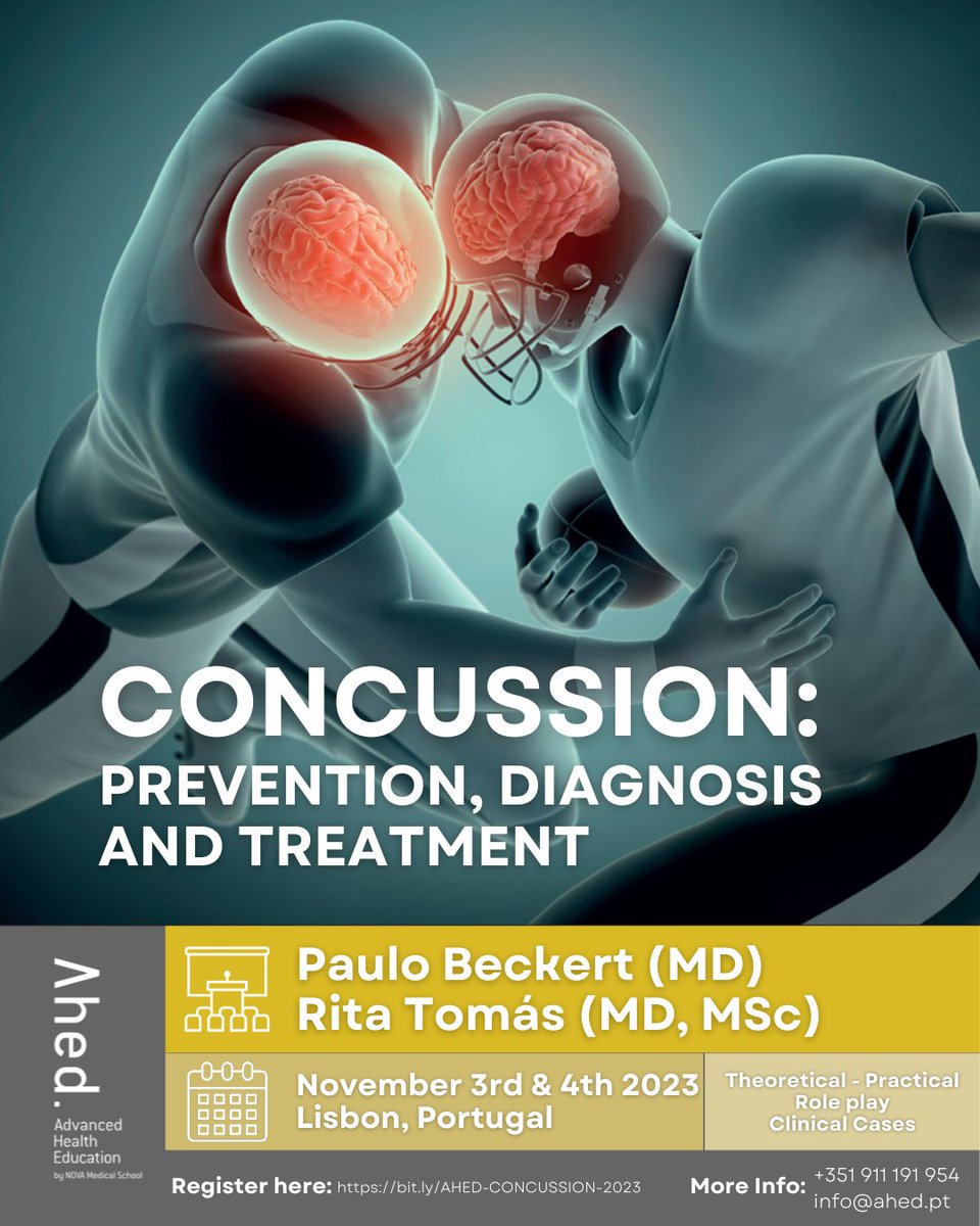 AhedPT's tweet photo. 🧠Sports Medicine:Concussion-Prevention, Diagnosis,and Treatment course is open for registrations🗓️Nov 3rd - 4th 2023👤Coord: Paulo Beckert(MD) &amp; Rita Tomás(MD, MSc)

https://t.co/MLJzVQgxXj

#ahedpt #advancedhealtheducation #continuingmedicaleducation #sportsmedicine #concussion https://t.co/DuZSFMRbF9