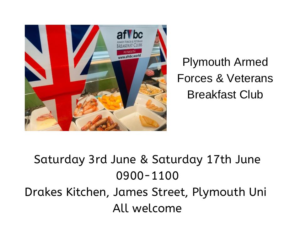Next Breakfast Club is this Saturday! 
<a href="/JohnnyMercerUK/">Johnny Mercer</a> <a href="/sproz21/">Kev Sproston 🇬🇧</a> <a href="/PlymouthChaz/">Chaz Singh</a> <a href="/ImprovingLivesP/">Improving Lives Plym</a> <a href="/AgeUKPlymouth/">Age UK Plymouth</a> <a href="/PlymArmedForces/">Plymouth- Armed Forces Covenant</a> <a href="/WhatsOnPlymouth/">What's On Plymouth</a>