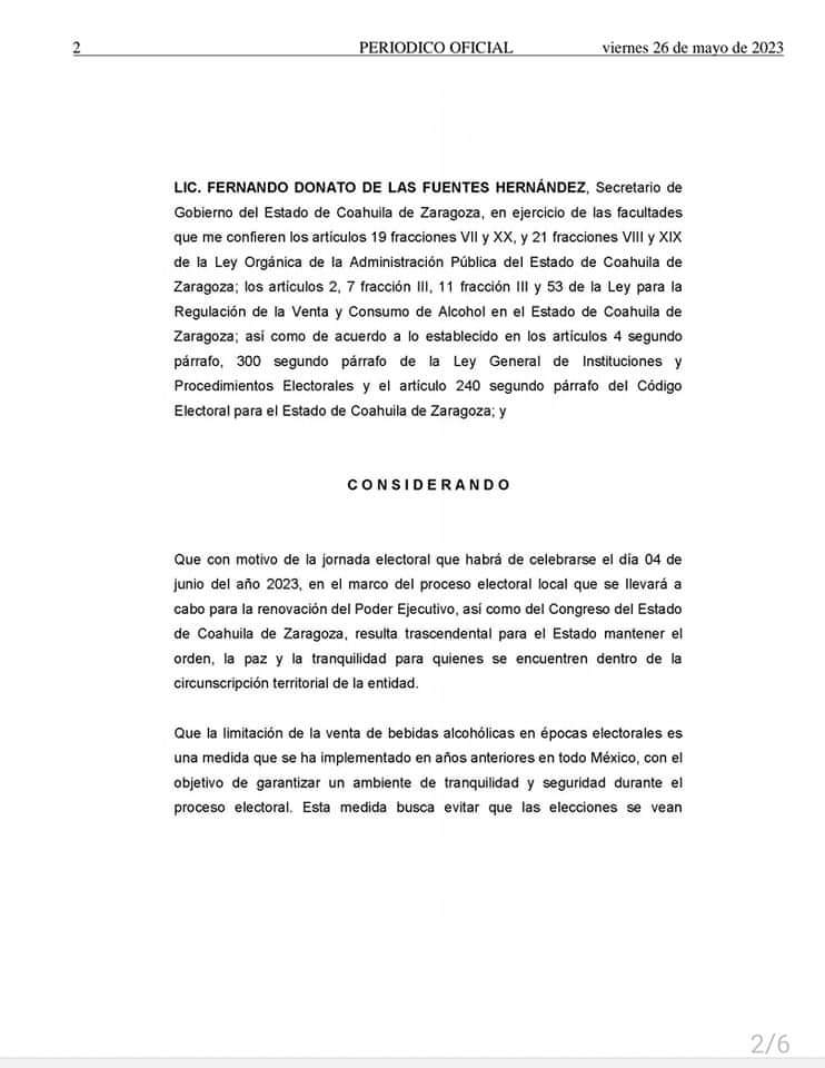 ¡Buen día!

En el Periódico Oficial del Gobierno del Estado de Coahuila se publicó con fecha 26 de mayo del año en curso el Acuerdo que prohíbe la venta de bebidas alcohólicas con motivo de la jornada electoral que se llevará a cabo el día 04 de Junio de 2023

#periodicooficial