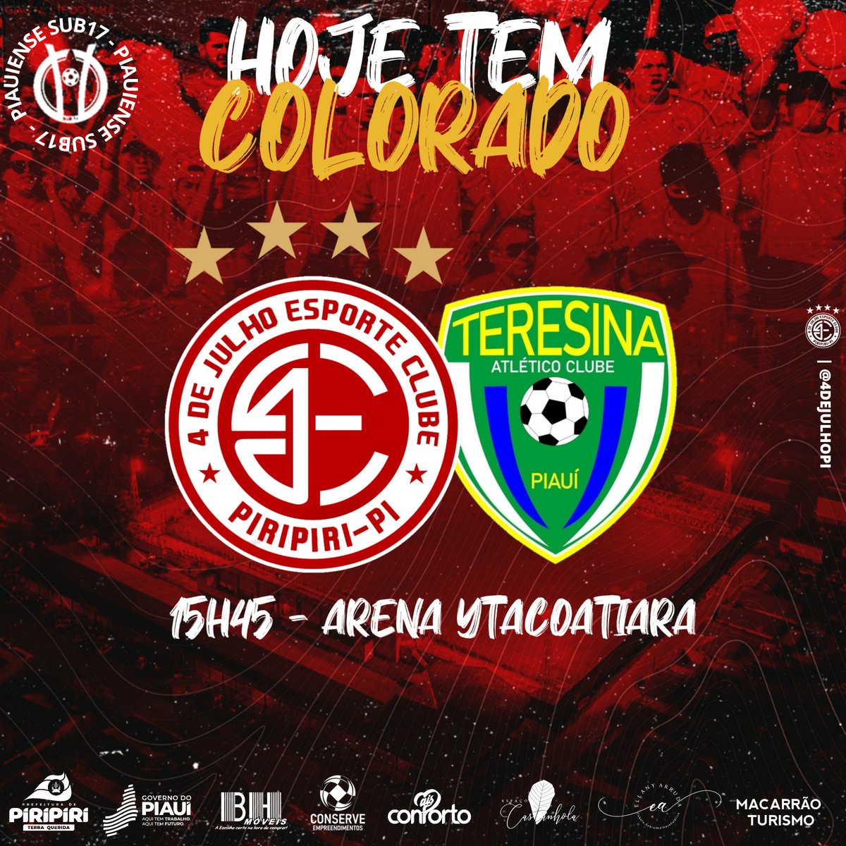 HOJE TEM COLORADO! 🇦🇹🦅

O Gavião do Norte encerra hoje a  participação no Piauiense sub17, a partida será às 15h45, diante da equipe do Teresina Atlético Clube. Vamooos Quatrooo!