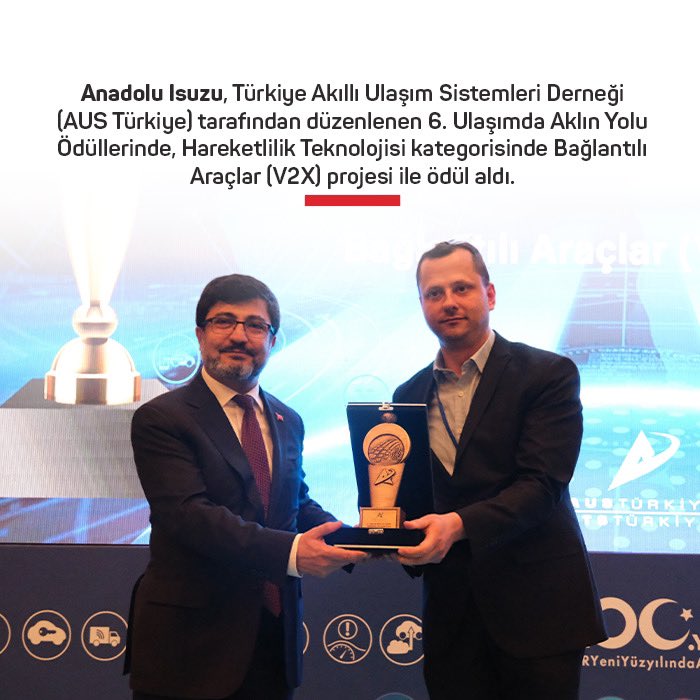Anadolu Isuzu, Türkiye Akıllı Ulaşım Sistemleri Derneği (AUS Türkiye) tarafından düzenlenen 6. Ulaşımda Aklın Yolu Ödüllerinde, Hareketlilik Teknolojisi kategorisinde Bağlantılı Araçlar (V2X) projesi ile ödül aldı. Anadolu Isuzu, modern ulaşım