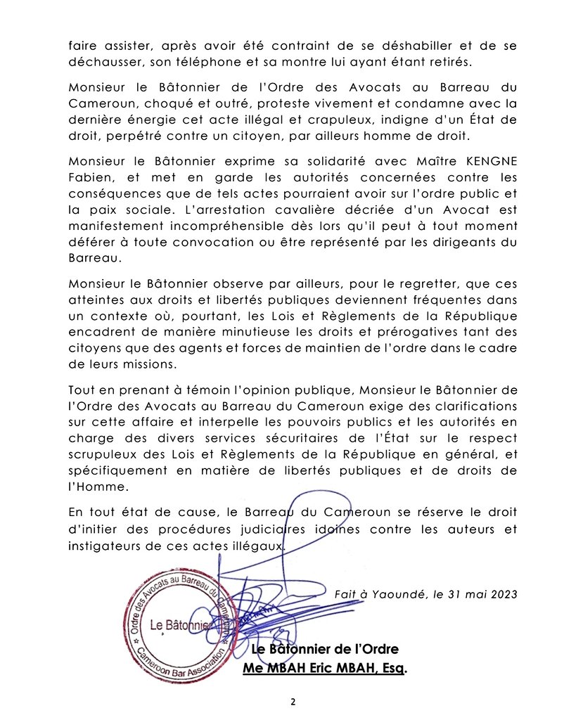 L'État de droit au Cameroun. Me Kengne Fabien, en a fait les frais. Combien d'anonymes subissent ça tous les jours. Courage à nous.