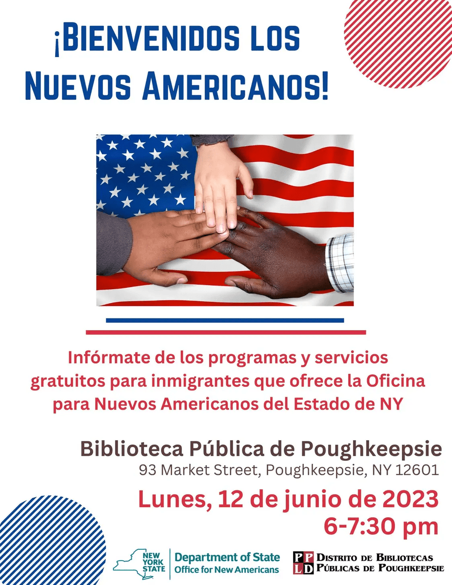 NYSNewAmericans's tweet photo. ¿Estás en Poughkeepsie? Se parte de nuestra presentación este 12 de junio sobre la Oficina para Nuevos Americanos y su programa Cell-Ed para aprender inglés en un teléfono móvil.

@poklib https://t.co/yN7dII5qRy