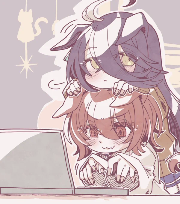 # いいねした人の画像欄覗いて素敵絵を私の絵柄で描いてもいいですかえすけびさん(@ esukevi)のPCカタカタオンさんとその頭に乗っかる力フェちゃを描かせていただきました 