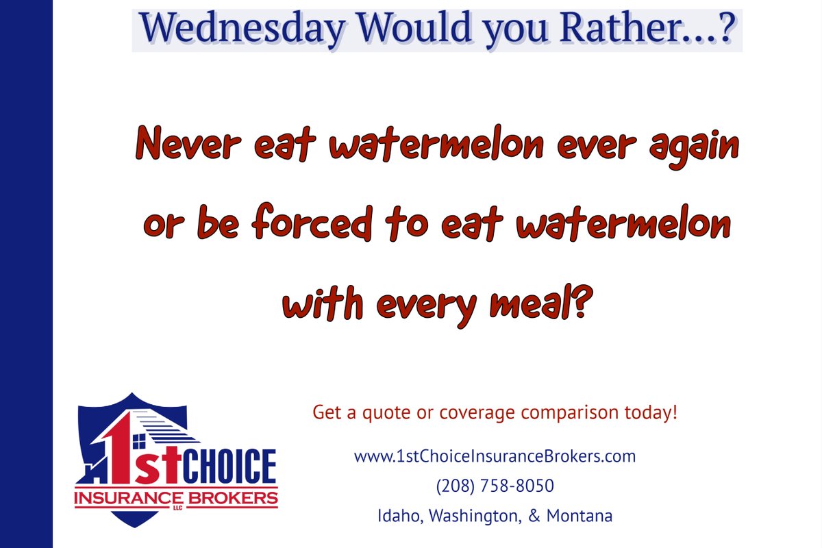 Are you ready for Wednesday Would you Rather? 

#wouldyourather #or #orthat #choices #life #thisorthat #this #that #wouldyouratherthis #thisthat #wouldyoudrather  #thisorthat #1stChoiceInsurance #Love #follow #Comment #foryou #forfun #Idaho #Washington #Montana #Idaho #Texas