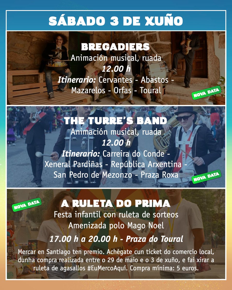 ComercioStgo's tweet photo. 🌸 Esta fin de semana retómanse as actividades adiadas de #Prima23:
✔ Venres 2 de xuño: Cé orquestra pantasma
✔ Sábado 3 de xuño:
- Os Bregadiers
- The Turre's Band
- A Ruleta do Prima, co Mago Noel
Agardámoste! 🌺 Eu merco aquí! https://t.co/CC34EqWC13