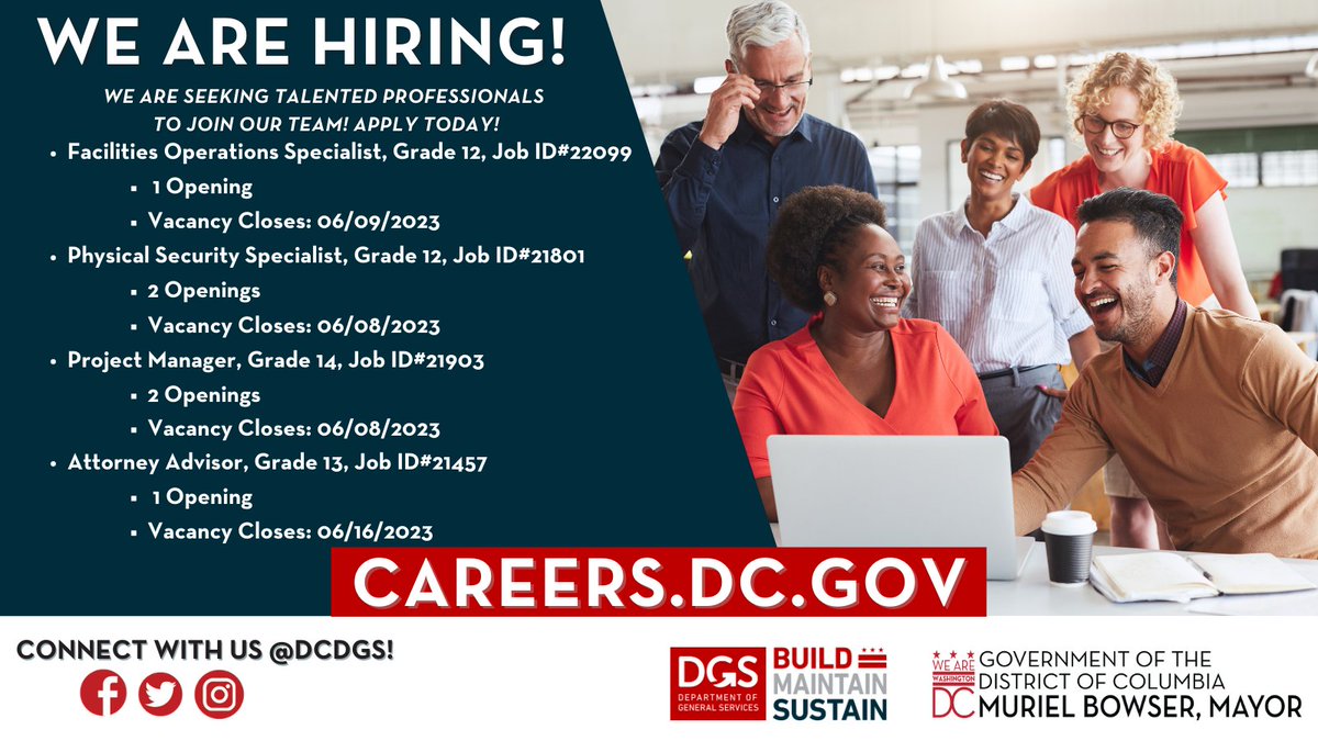 DCDGS's tweet photo. 📢 Ready to make a difference in government? DGS is seeking talented professionals for multiple positions throughout the Agency!
Find your future career and apply today!
🔗https://t.co/Ac9atFI6mq
#dcdgs #dcjobs #dcgovcareers #nowhiring https://t.co/wTjlCSUG4h