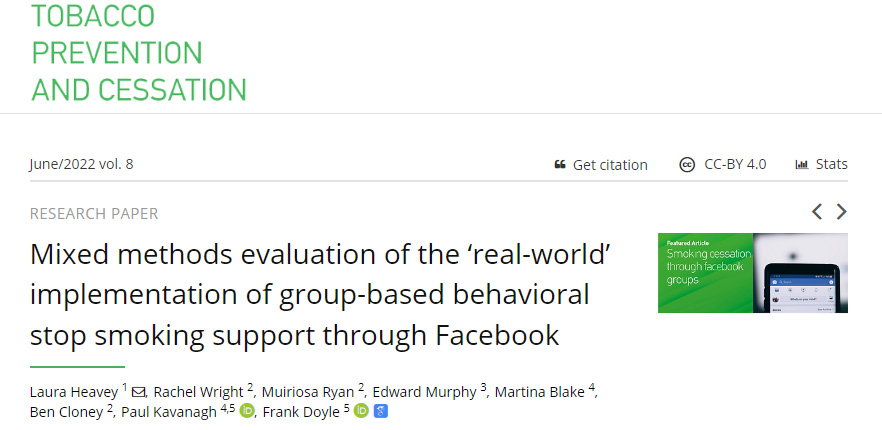 'If you have a slip, someone is there to say keep going and try again'

Social media-based stop smoking support could be useful augment to current QUIT services, acc to paper by @frank_doyle4, Laura Heavey et al - via @TPC_Journal
doi.org/10.18332/tpc/1…

#WorldNoTobaccoDay2023