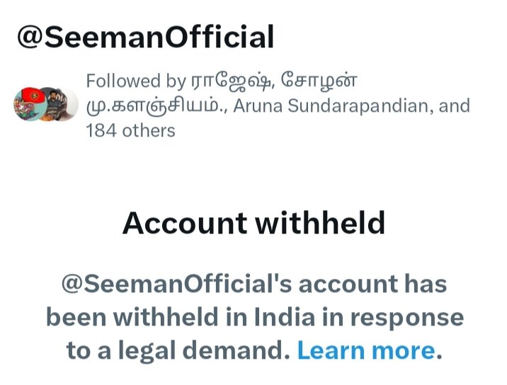 நாம் தமிழர் கட்சியின் தலைமை ஒருங்கிணைப்பாளர் திரு.சீமான் உள்பட 20 க்கும் மேற்பட்ட கட்சி நிர்வாகிகளின் டிவிட்டர் கணக்கு முடக்கப் பட்டுள்ளது.

கடும் கண்டனங்கள்.

@Twitter  With helding democratic political party leaders' twitter account is condemnable. 

Release their account.
