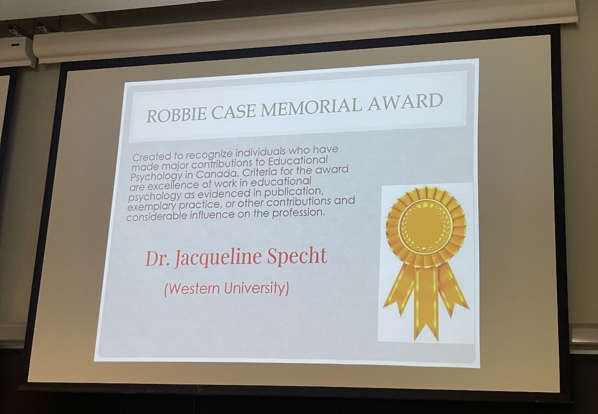 With excitement & praise, please join us in congratulating our very own centre director @JacquelineSpec9 who is a recipient of an award that honours scholars who make considerable contributions to Educational Psychology in Canada! 

Well deserved! Congrats Dr. Jacqui Specht 🎉🎊