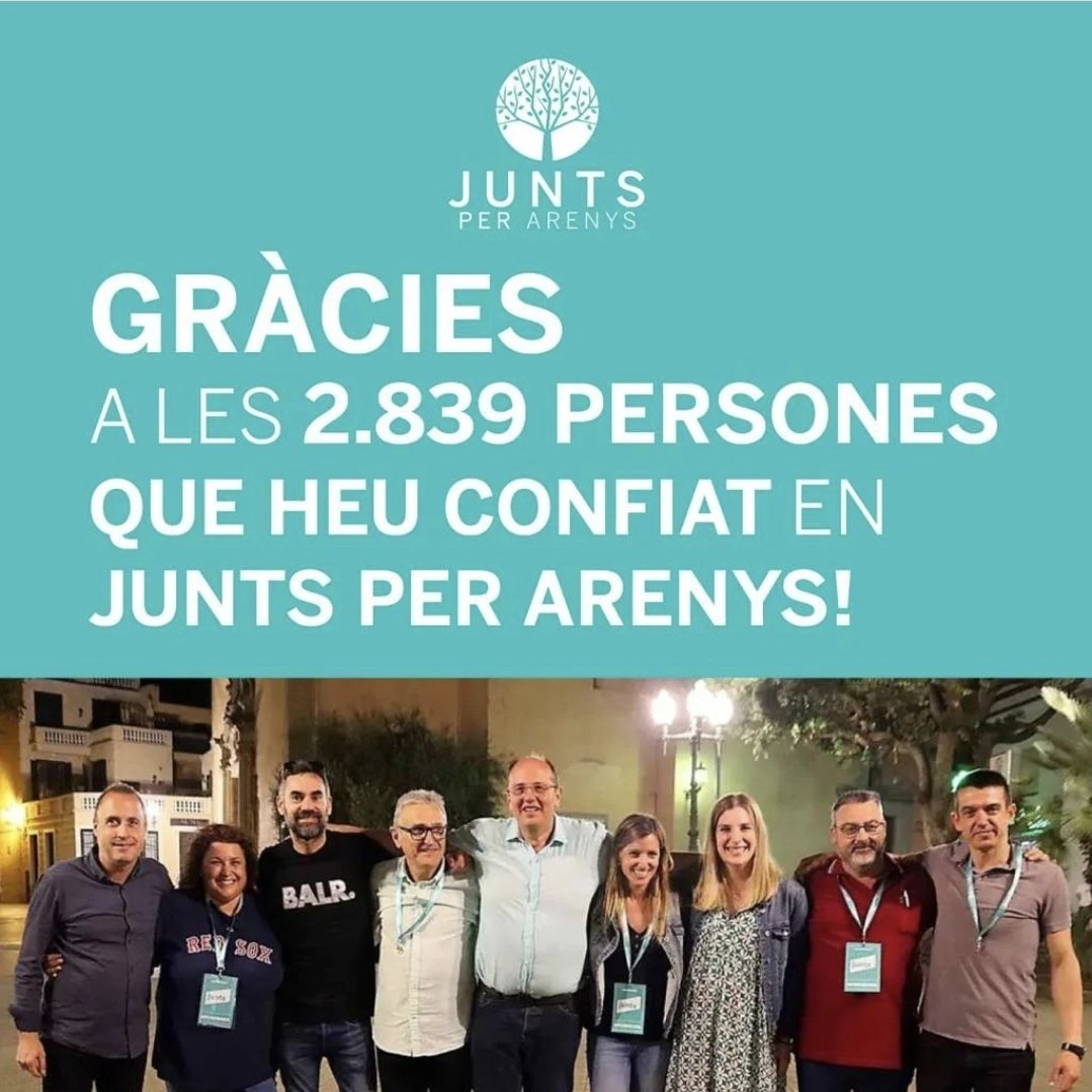 No podem parar de donar-vos les gràcies per haver-ho fet possible. En concret, 2.839 vegades!🙌

👉Orgullosos d'haver aconseguit la majoria absoluta amb 9 regidors.

#arenysdemar #maresme #juntspercatalunya #juntsxcat #juntsperarenys #eleccionsmunicipals2023🗳️ #eleccions #alcalde