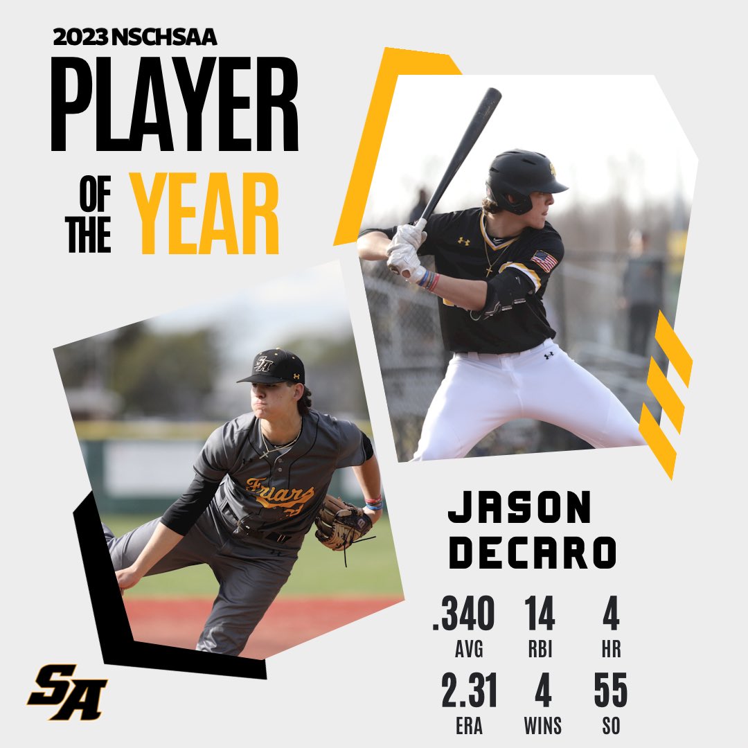 Congratulations to the 2023 NSCHSAA Player of the Year Jason DeCaro! Jason was among the league leaders in all offensive and pitching categories and a huge part of the Friars success this season! Jason, #FriarNation is so proud of you! @JasonDeCaro2 @StAnthonysAth @axcessbaseball