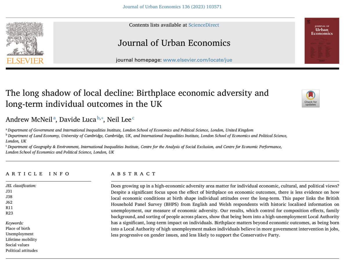 NEW! Growing up in an area of economic distress has a long term impact on your income and political views, no matter where you end up Open access in Journal of Urban Economics: authors.elsevier.com/sd/article/S00…
