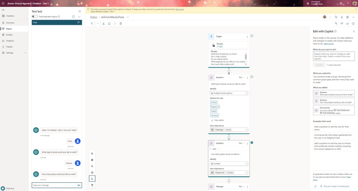 TKarafilov's tweet image. Now I can order Pizza from my #PowerVirtualAgent (created by #Copilot)