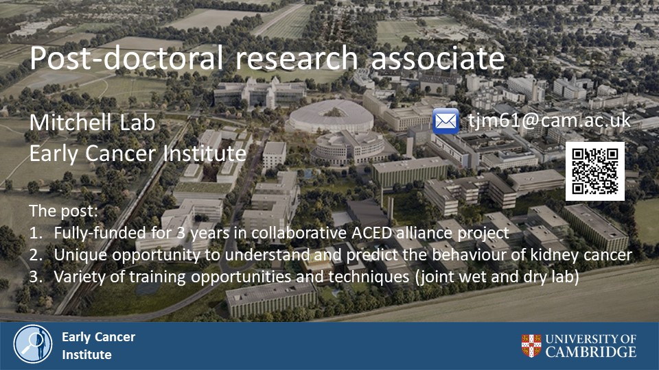 Tom Mitchell (@tom_j_mitchell) on Twitter photo Job alert - PDRA in Cambridge
Come and explore cancer genomics in a vibrant collaborative team
Please RT!
jobs.cam.ac.uk/job/41104/
<a href="/EarlyCancerCam/">Early Cancer Institute, University of Cambridge</a> <a href="/CRUKCamUrol/">CRUK Cambridge Centre: Urological Malignancies</a> <a href="/CambCancer/">Cambridge Cancer Research Hospital</a> <a href="/CRUKCamCentre/">CRUK Cambridge Centre</a> <a href="/MaxineGBTran/">Maxine Tran</a> <a href="/grantissimus/">Grant Stewart</a> Job alert - PDRA in Cambridge
Come and explore cancer genomics in a vibrant collaborative team
Please RT!
jobs.cam.ac.uk/job/41104/
<a href="/EarlyCancerCam/">Early Cancer Institute, University of Cambridge</a> <a href="/CRUKCamUrol/">CRUK Cambridge Centre: Urological Malignancies</a> <a href="/CambCancer/">Cambridge Cancer Research Hospital</a> <a href="/CRUKCamCentre/">CRUK Cambridge Centre</a> <a href="/MaxineGBTran/">Maxine Tran</a> <a href="/grantissimus/">Grant Stewart</a>