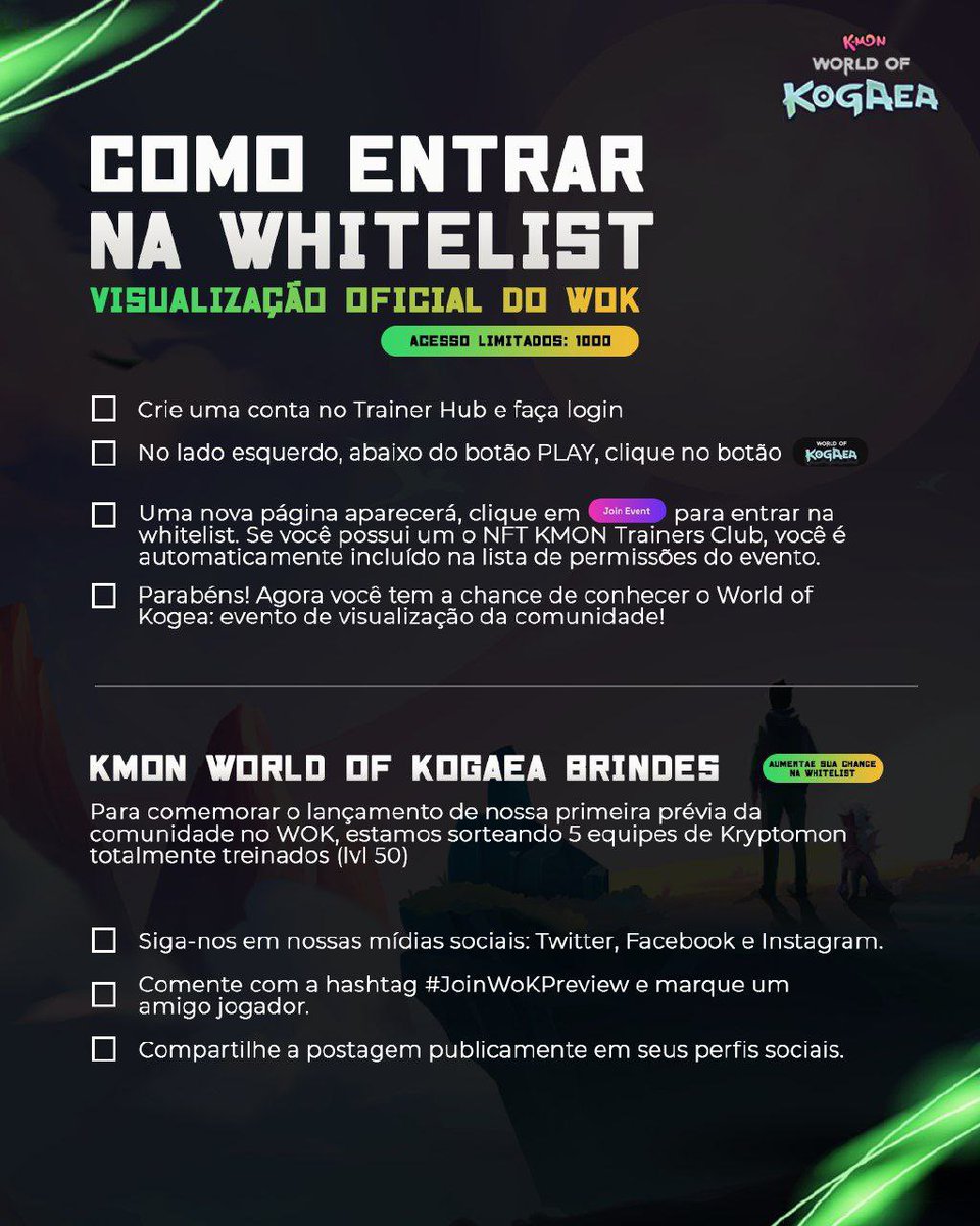 kryptomonbrasil's tweet photo. Quer participar do evento exclusivo WoK: Community Preview, mas não sabe como?

Felizmente, criamos uma folha de dicas sobre como entrar na WhiteList e ter acesso ao evento!

😍 Compartilhe com seus amigos para que eles participem também!

➡️ Visite: https://t.co/4OmaBz3QnS https://t.co/oqrwPSy78h