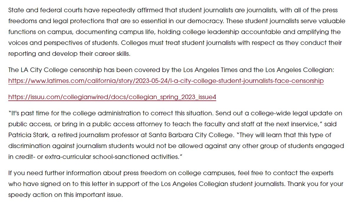 MediaGuildWest's tweet photo. NEWS: On May 30, a coalition of journalists, journalism educators and press advocates sent the following letter to @LACityCollege and @laccd leaders protesting reports of a culture of censorship faced by student journalists on campus. https://t.co/V79qd4ORxn