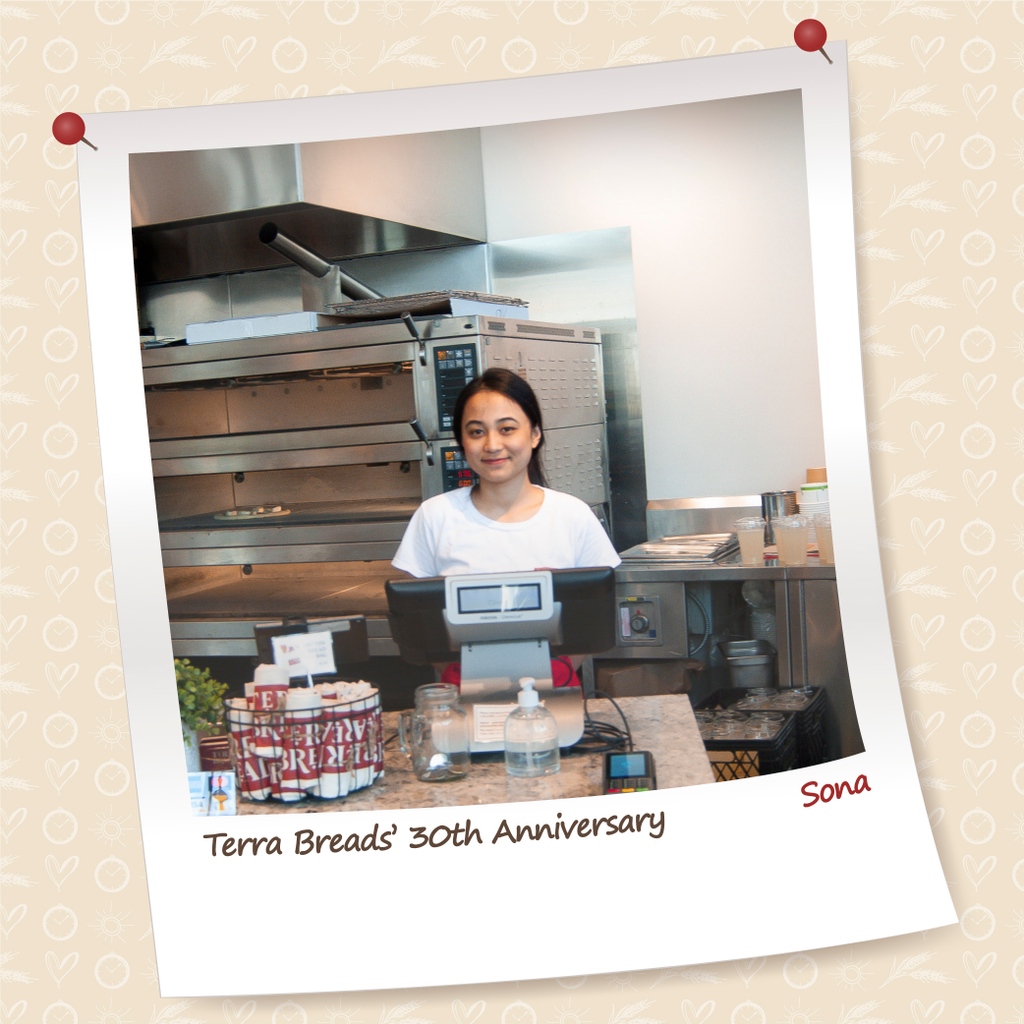 Sona has been a member of our Olympic Village Team for a year now and has already worn many hats during her short time with us.

Head over to our Instagram page (<a href="/TerraBreads/">Terra Breads</a>) to learn more about Sona + the people who make Terra Breads what it is!