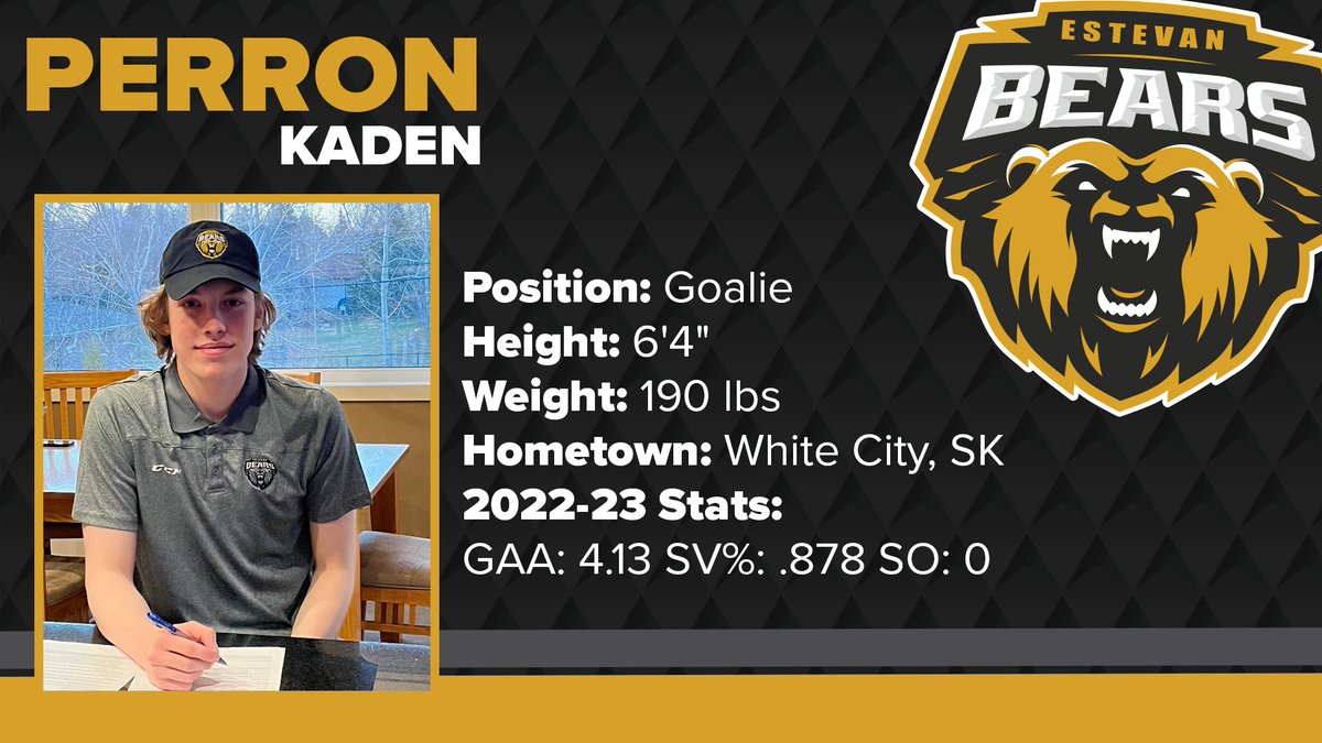 EstevanBears's tweet photo. The Estevan Bears are excited to announce that goaltender Kaden Perron has signed on for his 3rd season with the Bears! The White City native played in 30 games last season with a 4.13 GAA and .878 SV%. https://t.co/TzzOto99C3