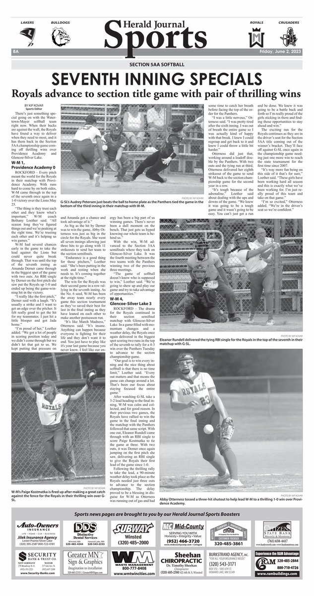 Kovar_HJsports's tweet photo. Sneak peek of the front page of the Herald Journal sports section this week highlighting @WMRoyalsSB’s pair of thrilling wins. Royals are one win away from first state tournament appearance since 2007. #HJSports https://t.co/DM8PT6aU43