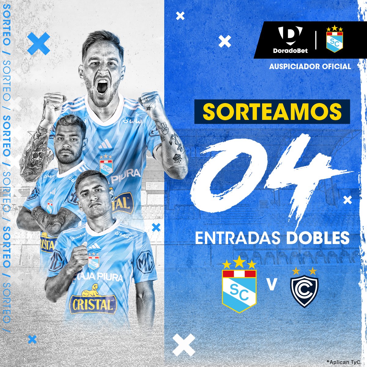 ¡𝗦𝗢𝗥𝗧𝗘𝗔𝗠𝗢𝗦 𝟰 𝗘𝗡𝗧𝗥𝗔𝗗𝗔𝗦 𝗗𝗢𝗕𝗟𝗘𝗦!💙🏟

1. Síguenos
2. Haz RT y etiqueta a la persona que te acompañaría.

🔒Cierre del sorteo: jueves 01/06 - 10 am.

*Aplican TyC

#DoradoBet #FuerzaCristal