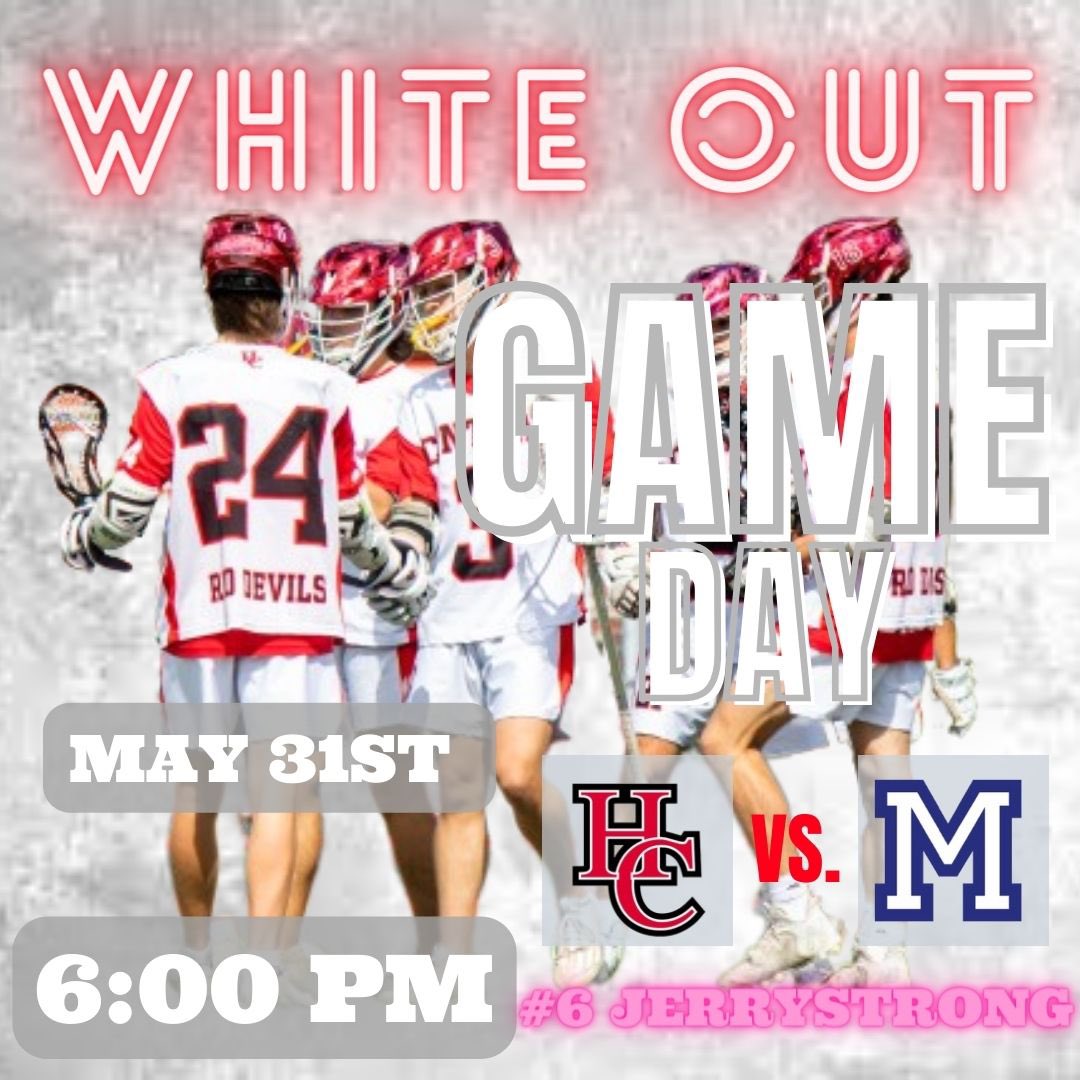 HC_Lax's tweet photo. GAMEDAY‼️ 6:00PM HOME vs Montclair NJSIAA 2nd Round‼️ 🔴⚫️ #DMGB #jerrystrong @mikekinneyhs @BrandonGouldHS @hcsportsperform @hcrhsathletics @DevilsLacrosse https://t.co/Fclek9W3IH