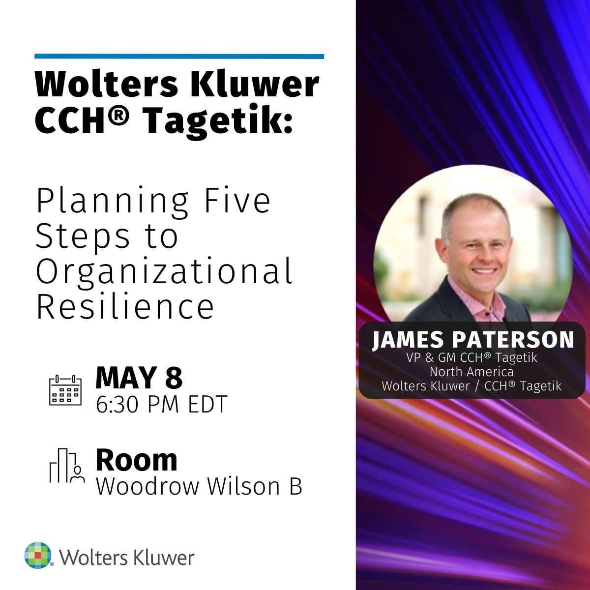 Our session 'Wolters Kluwer CCH Tagetik: Planning Five Steps to Organizational Resilience' will start in 30 minutes! Join James Patterson, CCH Tagetik NA VP and General Manager to discover the five steps to evolve your planning. #WoltersKluwer #CCHTagetik #GartnerFinance