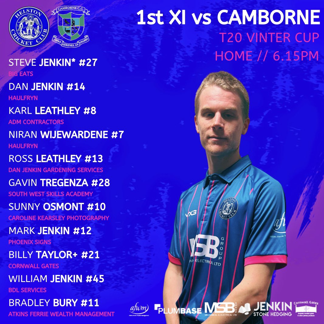 HelstonCC's tweet image. Here is your XI for tomorrow nights Vinter Cup QF at Beacon Parc 📸

⏰ 6.15pm
🍻 Open from 5pm
🍔 BBQ
🎟️ Raffle draw

Proceeds from the BBQ and raffle will go towards the CSCA U16s trip to Sri Lanka for Lewis Stephens and Freddie Rowe. 

Come and get behind the lads! 👊 

#HCC