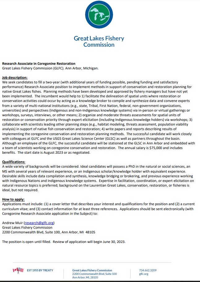 Want to join the #CiscoInferno? We're hiring a Research Associate in Coregonine Restoration!
- Implements conservation and restoration planning
- 2 yr position, $70k salary (incl. benefits)
- Many backgrounds will be considered
- Apply by 6/30

Learn more: glfc.org/temp/2023%20Co…