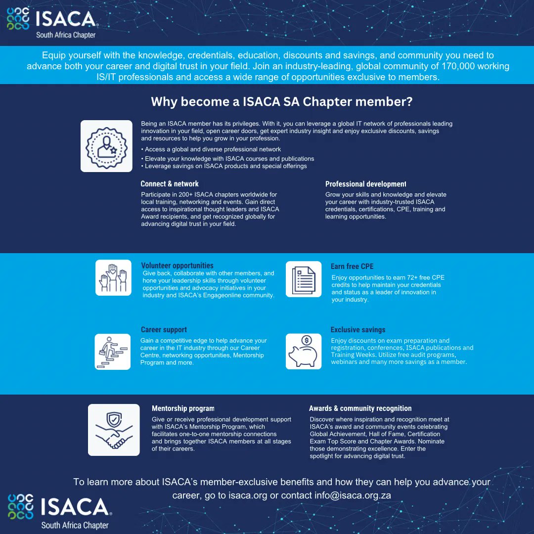 Why Become an #isacasa Member?​

Equip yourself with the knowledge, credentials, education, discounts and savings, and community you need to advance both your career and digital trust in your field. 

#isacasachaptermember #itaudit#ITGovernance#ITSecurity#itaudit#ITRisk