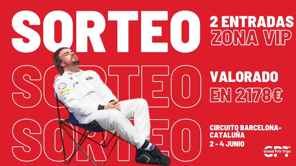 Juanca (@nanosecso) on Twitter photo SORTEÍN 🚨🚨🚨 GP ESPAÑA F1 🇪🇸
Entrada doble en zona VIP para contemplar la Nº33 en riguroso directo, yo estaré también por ahí.
Valorado en 2178€
Para participar:
1) Seguir a @nanosecso y <a href="/thegptrips/">Grand Prix Trips 🏁</a>
2) RT a este tweet
Jueves hasta las 12 se puede participar. Suerte! 🍀 SORTEÍN 🚨🚨🚨 GP ESPAÑA F1 🇪🇸
Entrada doble en zona VIP para contemplar la Nº33 en riguroso directo, yo estaré también por ahí.
Valorado en 2178€
Para participar:
1) Seguir a @nanosecso y <a href="/thegptrips/">Grand Prix Trips 🏁</a>
2) RT a este tweet
Jueves hasta las 12 se puede participar. Suerte! 🍀